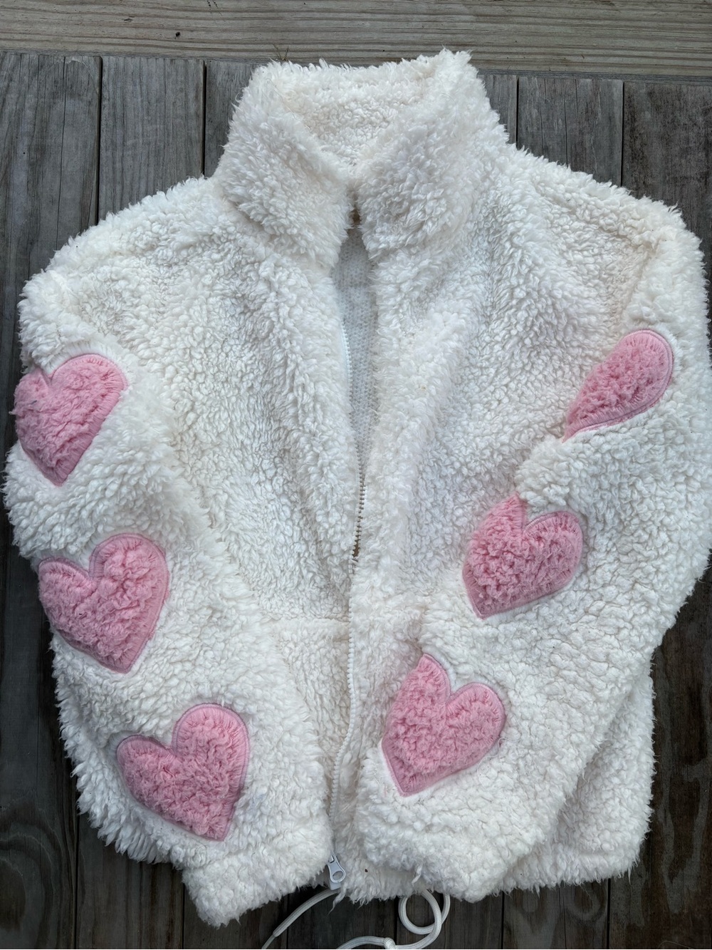 White Sherpa Zip Jacket with Pink Heart Accents